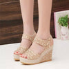 Summer Women Sandals Slope Heel Lace Open Toe Adhesive One Word Buckle Strap Muffin Thick Bottom Shoes, Size: 39(Beige)