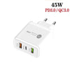 45W PD25W + 2 x QC3.0 USB Multi Port Charger with USB to 8 Pin Cable, EU Plug(White)
