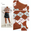 Plaid Sleeveless Ladies V Neck Knit Crop Top Sweater Vest, Size:M(Coffee)