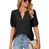 Women Summer Casual V-Neck Hollow Bubble Sleeve Loose T-Shirt, Size: XL(Black)