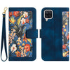 For Samsung Galaxy A12 5G Floral Pattern Leather Phone Case with Lanyard(Dark Blue)