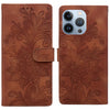 For iPhone 14 Pro Max Lace Floral Embossed Magnetic Buckle Leather Phone Case(Brown)