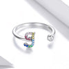 S925 Sterling Silver 26 English Letters Colorful Zircon Women Open Ring, Style:J