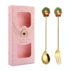 2pcs /Pack Christmas Gift Spoon Cartoon Fruit Fork Dessert Coffee Scoop, Style: Wreath (Pink Box)