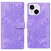 For iPhone 14 Plus / 15 Plus Lace Floral Embossed Magnetic Buckle Leather Phone Case(Purple)