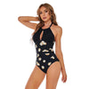 DS40 Ladies Slim and Conservative Halter Neck Swimsuit, Size: L(Black Bottom Leaf Pattern)