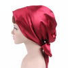 TJM-226 Ladies Satin Print Ribbon Bow Turban Hat Night Cap Silk Chemotherapy Hat Long Tail Braid Hat(Red Wine)