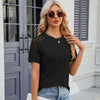 Summer Women Round Neck Flower Lace Patchwork Short Sleeve T-Shirt, Size: L(Black)