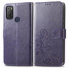 For Alcatel 1S 2021 Four-leaf Clasp Embossed Buckle Mobile Phone Protection Leather Case with Lanyard & Card Slot & Wallet & Bracket Function(Purple)