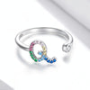 S925 Sterling Silver 26 English Letters Colorful Zircon Women Open Ring, Style:Q