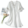 Scalloped Edge V-Neck Mid Sleeve Loose Women Nightdress, Size:L(White)