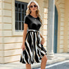 Women Spring Summer Round Neck Splicing Printed Short Sleeve Big Hem Dress, Size: XXL(Black)