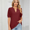 Women Summer Casual V-Neck Hollow Bubble Sleeve Loose T-Shirt, Size: XXL(Wine Red)