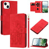 For iPhone 14 Plus Tulips Embossed Leather Phone Case with Lanyard(Red)