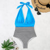 Summer One-piece Backless Lace-Up Ladies Swimsuit Floral-print Halter Bikini, Size: XL(Blue+Oblique Strip)