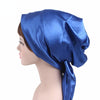 TJM-226 Ladies Satin Print Ribbon Bow Turban Hat Night Cap Silk Chemotherapy Hat Long Tail Braid Hat(Royal Blue)