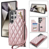 For Samsung Galaxy S23 Ultra 5G Rhombic Dual Buckle Card Slots Phone Case with Lanyard(Rose Gold)