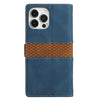 For iPhone 14 Pro Max Grid Stitching Leather Phone Case with Lanyard(Blue)