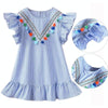 Girls Neckline Tassel Vertical Stripes Ruffled Dress, Height:90cm(Blue)