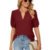 Women Summer Casual V-Neck Hollow Bubble Sleeve Loose T-Shirt, Size: XXL(Wine Red)
