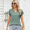 Women V-Neck Button Hollow Loose Short Sleeve T-Shirt Blouse, Size: L(Dark Green)