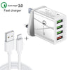 2 in 1 1m USB to 8 Pin Data Cable + 30W QC 3.0 4 USB Interfaces Mobile Phone Tablet PC Universal Quick Charger Travel Charger Set, UK Plug(White)