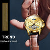 OLEVS 6663 Men Multifunctional Waterproof Hollow Leather Strap Mechanical Watch(Gold + Brown)
