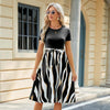 Women Spring Summer Round Neck Splicing Printed Short Sleeve Big Hem Dress, Size: XL(Black)