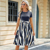 Women Spring Summer Round Neck Splicing Printed Short Sleeve Big Hem Dress, Size: XXL(Navy)
