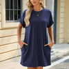 Women Spring Summer Round Neck Pocket Loose Short Sleeve Dress, Size: M(Navy)