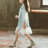 Autumn Girls Fashion Letter Pattern Long Sleeve Lace Stitching Dress, Kid Size:150 Yards(Light Blue)