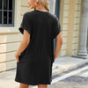 Women Spring Summer Round Neck Pocket Loose Short Sleeve Dress, Size: M(Black)