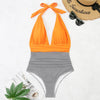 Summer One-piece Backless Lace-Up Ladies Swimsuit Floral-print Halter Bikini, Size: M(Orange+Oblique Strip)
