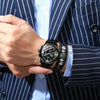 FNGEEN 4006 Men Trendy Waterproof Quartz Watch(Black Leather White Steel Blue Surface)