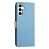 For Samsung Galaxy S23 5G Splicing Color Hollow Flower Pattern RFID Leather Phone Case(Baby Blue)
