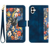 For Samsung Galaxy A04e Floral Pattern Leather Phone Case with Lanyard(Dark Blue)