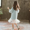Autumn Girls Fashion Letter Pattern Long Sleeve Lace Stitching Dress, Kid Size:140 Yards(Light Blue)