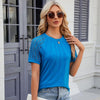 Summer Women Round Neck Flower Lace Patchwork Short Sleeve T-Shirt, Size: M(Peacock Blue)