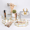 Glass Storage Tray Golden Retro Polygon Mirror Tray Brass Desktop Cosmetics Storage Tray Beauty Brush Bucket