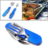 6-in-1 Stainless Steel Travel / Camping Folding Cutlery Set, Spoon + Fork + Knife +  Bottle Opener Set(Blue)