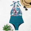 Summer One-piece Backless Lace-Up Ladies Swimsuit Floral-print Halter Bikini, Size: S(Flower+Dark Green)