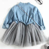 Spring and Summer Girls Long-sleeved Denim Stitching Mesh Dress, Size:110cm(Embroidered Dark Blue)
