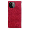 For Samsung Galaxy A22 5G Lace Floral Embossed Magnetic Buckle PU Phone Case With Wrist Strap(Red)