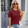 Summer Women Round Neck Flower Lace Patchwork Short Sleeve T-Shirt, Size: XXL(Wine Red)