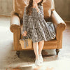 Autumn Girl Cotton Lattice Bow-knot Tie Long Sleeve Dress, Kid Size:150cm(Black and White Lattice)
