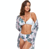 Bikini + Mesh Shawl + Split Swimsuit Women Swimsuit With Chest Pad, Size: XL(White Green Flowers)