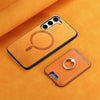 For Samsung Galaxy S23 5G Retro Cross Leather Ring Vertical Insert Card Bag MagSafe Phone Case(Yellow)