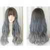 Wig Female Long Hair Big Wave Gradient Full Headgear(Gradient Fog Blue Gray 68CM)
