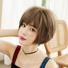 Wig Female Short Hair Round Face Full Top Headgear Short Hair Temperament Bangs Hair Cover(Black Brown 28CM)