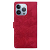 For iPhone 15 Pro Max Lace Floral Embossed Magnetic Buckle Leather Phone Case(Red)